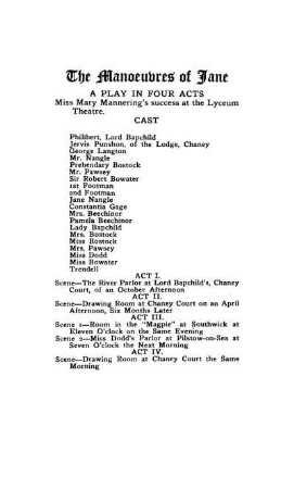 The Manoeuvres of Jane A Play In Four Acts