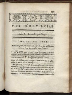 Chapitre VIII. Méthodes pour déterminer la réfraction des différentes matieres dont les lentilles sont formées