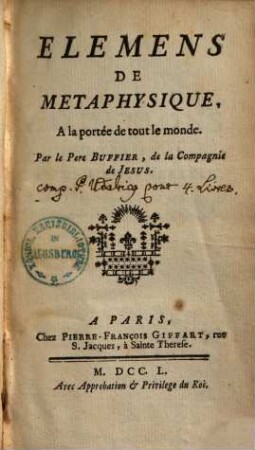 Elemens de metaphysique : a la portée de tout le monde