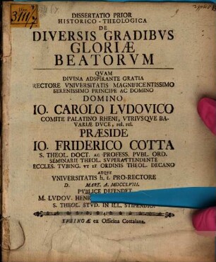Diss. prior hist.-theol. de diversis gradibus gloriae beatorum