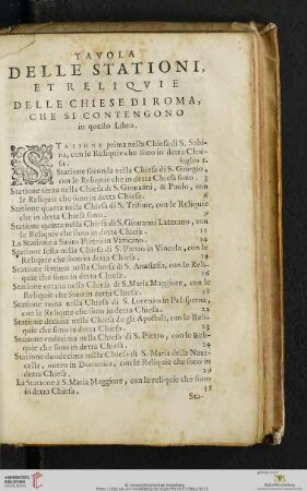 Tavola delle Stationi, et Reliqvie delle Chiese di Roma, che si contengono in questo Libro