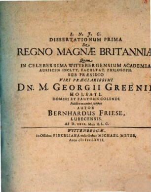 Dissertationum Prima De Regno Magnae Britanniae