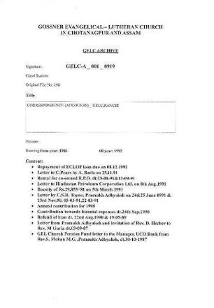 CORRESPONDENCE (ACCOUNTS) GELC, RANCHI