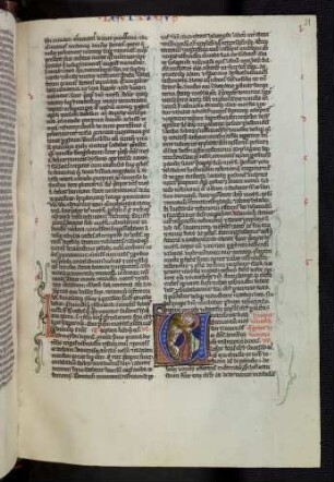 Historisierte Initiale (Leviticus): V(ocavit autem mosyen): Gott spricht zu einem Sohn Israels (Mose ?), der ein Schaf opfert (Levitikus 1,2)