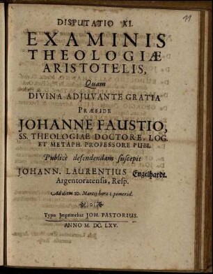 Disputatio XI. Examinis Theologiae Aristotelis