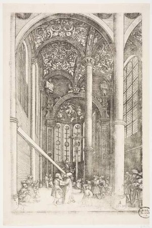 Blick in das Innere der Katharinenkirche in Augsburg mit der Darstellung des Gleichnisses von Sandkorn und Balken