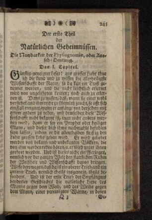 Der ersteTheil der Natürlichen Geheimnüssen. Die Nutzbarkeit der Physiognomiæ, oder Ausseh-Deutung.