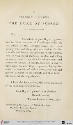 To His Royal Highness, the Duke of Sussex