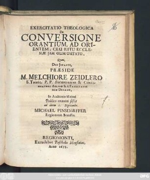 Exercitatio Theologica De Conversione Orantium. Ad Orientem, Ceu Ritu Ecclesiae Iam Olim Usiato
