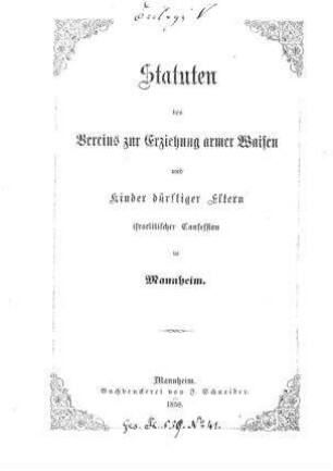 Statuten des Vereins zur Erziehung armer Waisen und Kinder dürftiger Eltern israelitischer Confession