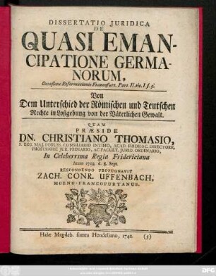 Dissertatio Juridica De Quasi Emancipatione Germanorum, Occasione Reformationis Francofurt. Part. II. tit. I. §. 9.