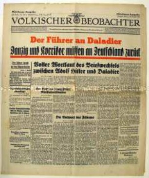 Tageszeitung "Völkischer Beobachter" u.a. über "Ansprüche" auf den Polnischen Korridor und Danzig