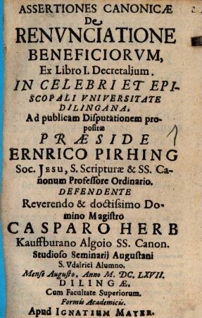 Assertiones Canonicae De Renvnciatione Beneficiorvm, Ex Libro I. Decretalium