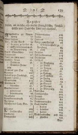 Register, derer, an welche obbemelte Französische, Italienische und Deutsche Titel gestellet sind.