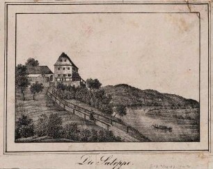 Der Ausflugsgasthof Saloppe im Fachwerkstil am rechten Elbufer zwischen Loschwitz und Dresden (1813 Bretterbude mit Ausschank, 1822 Neubau im Fachwerkstil, 1876 Neubau in neoromanischem Baustil)