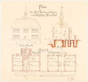 Schloss Klein-Skal bei Turnau Rentamtshaus, Umbau: Grundriss Erdgeschoss, 1. Obergeschoss; Aufriss der Hauptfassade; Querschnitt 1:100, Maßstabsleiste