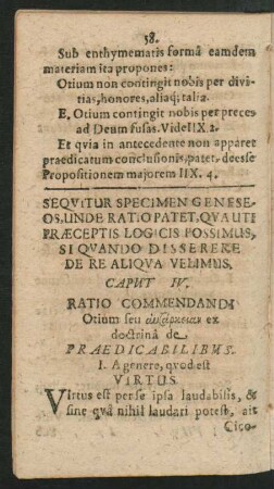 Sequitur Specimen Genesos, unde Ratio Patet ... Caput IV. Ratio Commendandi Otium seu ...