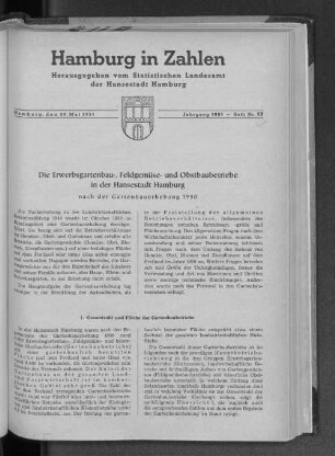 Die Erwerbsgartenbau-, Feldgemüse- und Obstbaubetriebe in der Hansestadt Hamburg nach der Gartenbauerhebung 1950