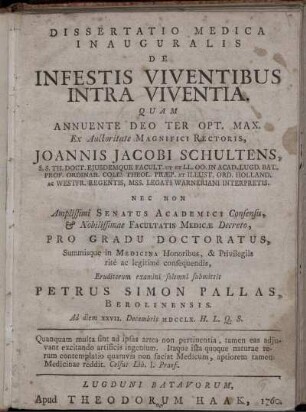 Dissertatio medica inauguralis de infestis viventibus intra viventia