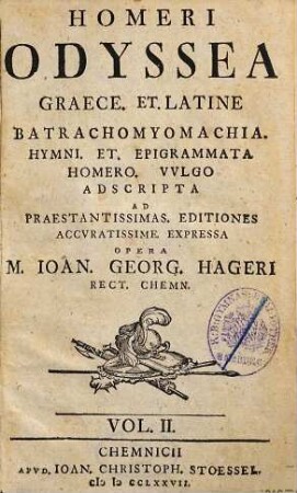 Homeri Odyssea : Graece. Et . Latine Ad Praestantissimas. Editiones Accuratissime. Expressa, 2