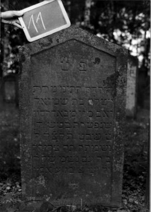 Grabstein 11 (Index: 100111025) Material: Sandstein Zustand: gut Maße HxBxT: 113x60x10 cm Beschreibung: Stele, giebelartiger Abschluß, Schriftfeld eingetieft Besonderheit: Kindergrab: Grabstein 11