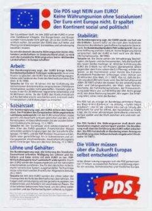 Propagandaflugblatt der PDS gegen die geplante Einführung des EURO