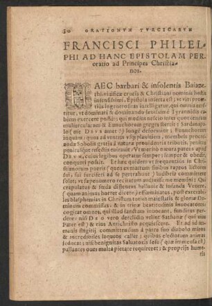 Francisci Philelphi Ad Hanc Epistolam Peroratio ad Principes Christianos.