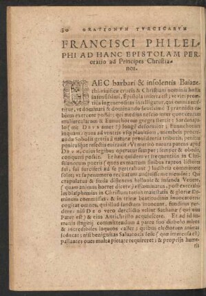 Francisci Philelphi Ad Hanc Epistolam Peroratio ad Principes Christianos.