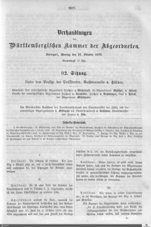 92. Sitzung, Stuttgart, 16.10.1876