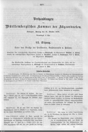 92. Sitzung, Stuttgart, 16.10.1876
