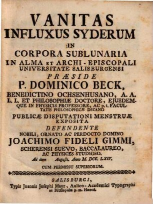 Vanitas Influxus Syderum In Corpora Sublunaria