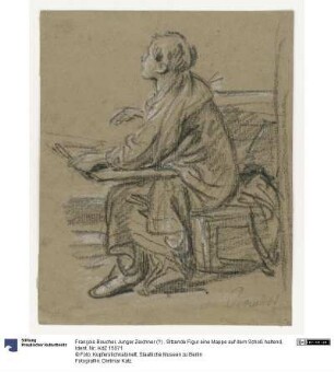 Junger Zeichner (?) . Sitzende Figur eine Mappe auf dem Schoß haltend