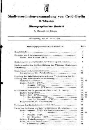Nr. 9, 31. März 1949, Ordentliche Sitzung