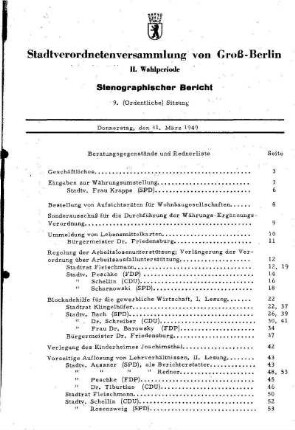 Nr. 9, 31. März 1949, Ordentliche Sitzung