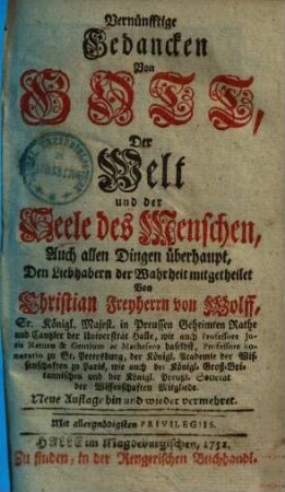 Vernünfftige Gedancken von Gott, der Welt und der Seele des Menschen, auch allen Dingen überhaupt