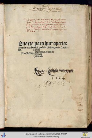 Pars 4: ... pars huius operis: cōtinēs textū vnacū postilla dn̄i Hugonis Cardinalis