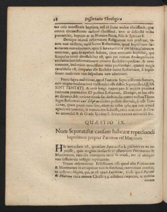 Quaestio IX. Num Separatistae causam habeant repudiandi baptismum propter Patrinos vel Matrinas.