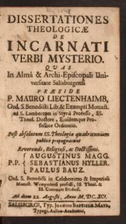Dissertationes Theologicae De Incarnati Verbi Mysterio