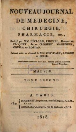 Nouveau journal de médecine, chirurgie, pharmacie. 2, 2. 1818