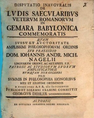 Dispvtatio Inavgvralis De Lvdis Saecvlaribvs Vetervm Romanorvm In Gemara Babylonica Commemoratis