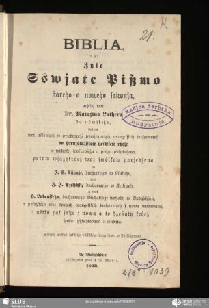 Biblia, to je, Zyle Sswjate Pissmo Stareho a Noweho Sakonja