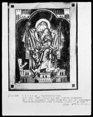 Evangeliar aus Kloster Hohenwart — Thronende Muttergottes mit Kind und anbetender Benediktinerin, möglicherweise Äbtissin Alheid, Folio 3verso