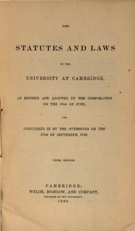Statutes and laws of the University in Cambridge, Massachusetts. [4.] 1860 = 3. Edition