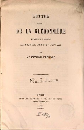 Lettre à Monsieur le Vicomte de LaGuéronnière en réponse à sa brochure "La France, Rome et l'Italie"
