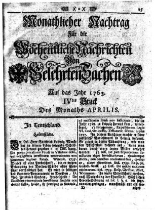Monathlicher Nachtrag [...] Auf das Jahr 1763. IVtes Stuck Des Monaths Aprilis