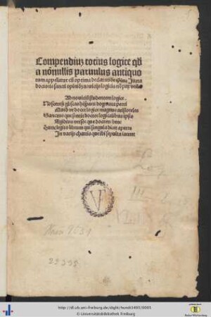 Compendiu[m] totius logice q[uod] a nōnullis paruulus antiquorum appelatur cū optima declaratiōe ip̄ius Juxta doctoris sancti opiniō[m] nouicijs logics nō pa[rum] vtile