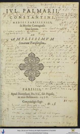 Ivl. Palmarii Constantini, Medici Parisiensis, de Morbis Contagiosis libri septem : Ad Amplissimvm Senatum Parisiensem