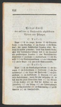 Verzeichniß der auf den 14 Kupfertafeln abgebildeten Thieren und Pflanzen.