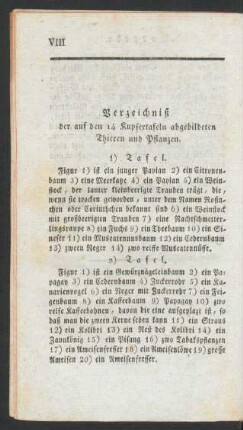 Verzeichniß der auf den 14 Kupfertafeln abgebildeten Thieren und Pflanzen.
