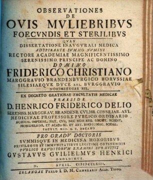 Observationes de ovis mvliebribvs foecvndis et sterilibvs